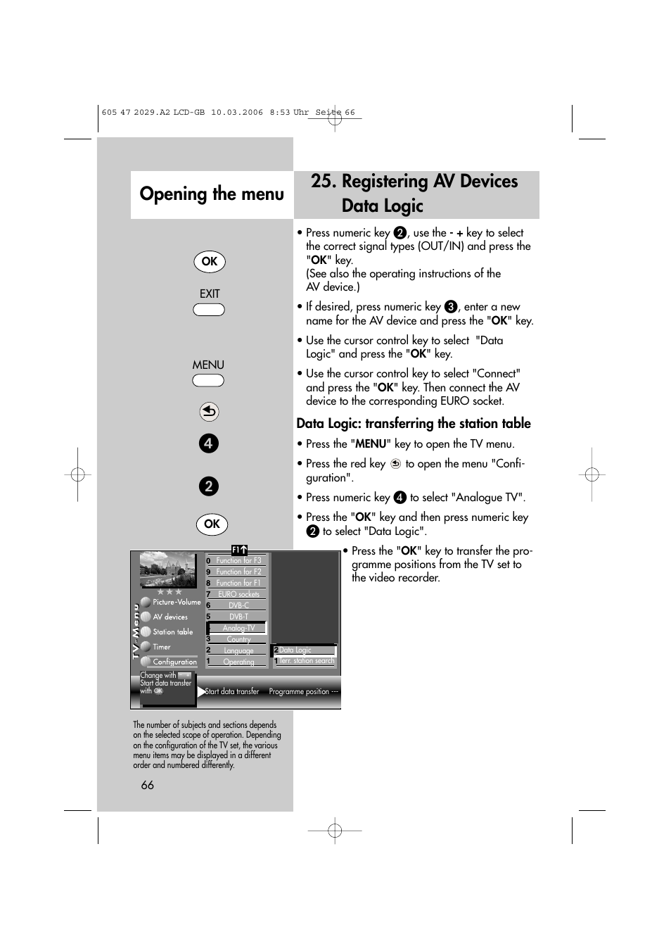 Registering av devices data logic opening the menu, Data logic: transferring the station table | Metz Plasma-TV-Set User Manual | Page 66 / 110