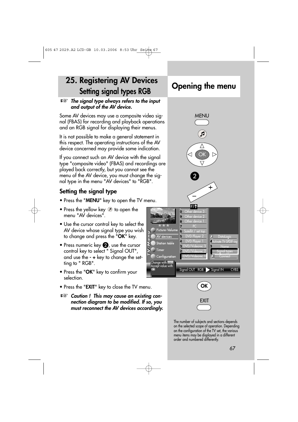Registering av devices setting signal types rgb, Opening the menu, Setting the signal type | Metz Plasma-TV-Set User Manual | Page 67 / 110