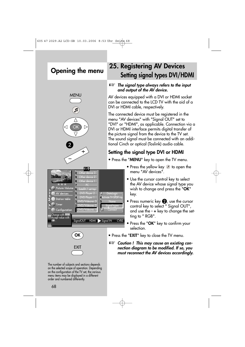 Opening the menu, Setting the signal type dvi or hdmi | Metz Plasma-TV-Set User Manual | Page 68 / 110