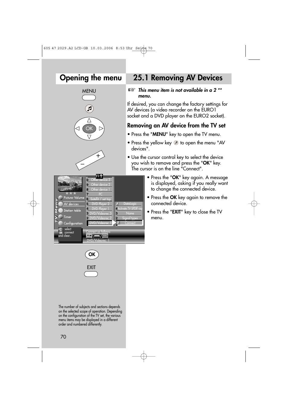 1 removing av devices opening the menu, Removing an av device from the tv set | Metz Plasma-TV-Set User Manual | Page 70 / 110