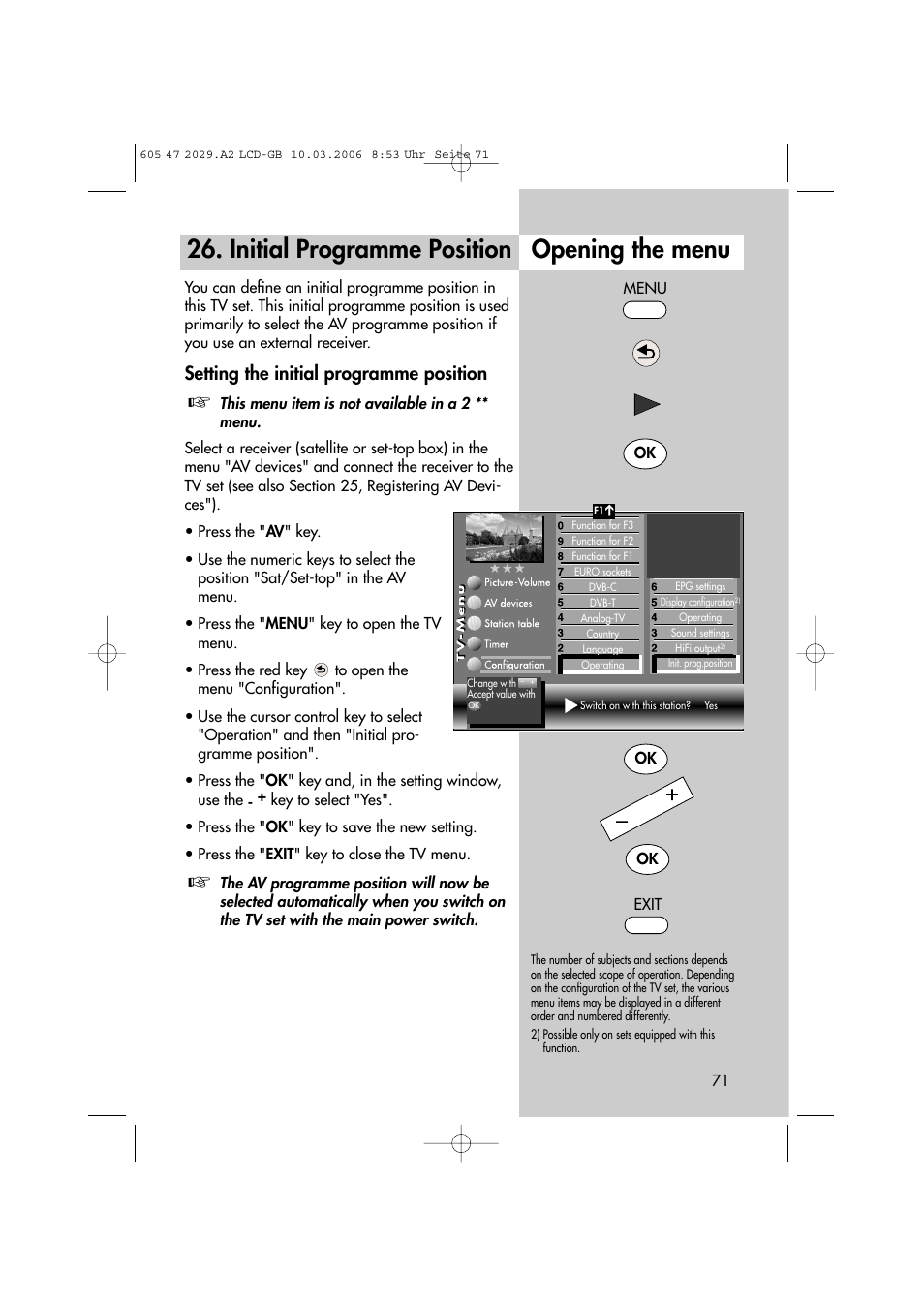 Initial programme position opening the menu, Setting the initial programme position | Metz Plasma-TV-Set User Manual | Page 71 / 110