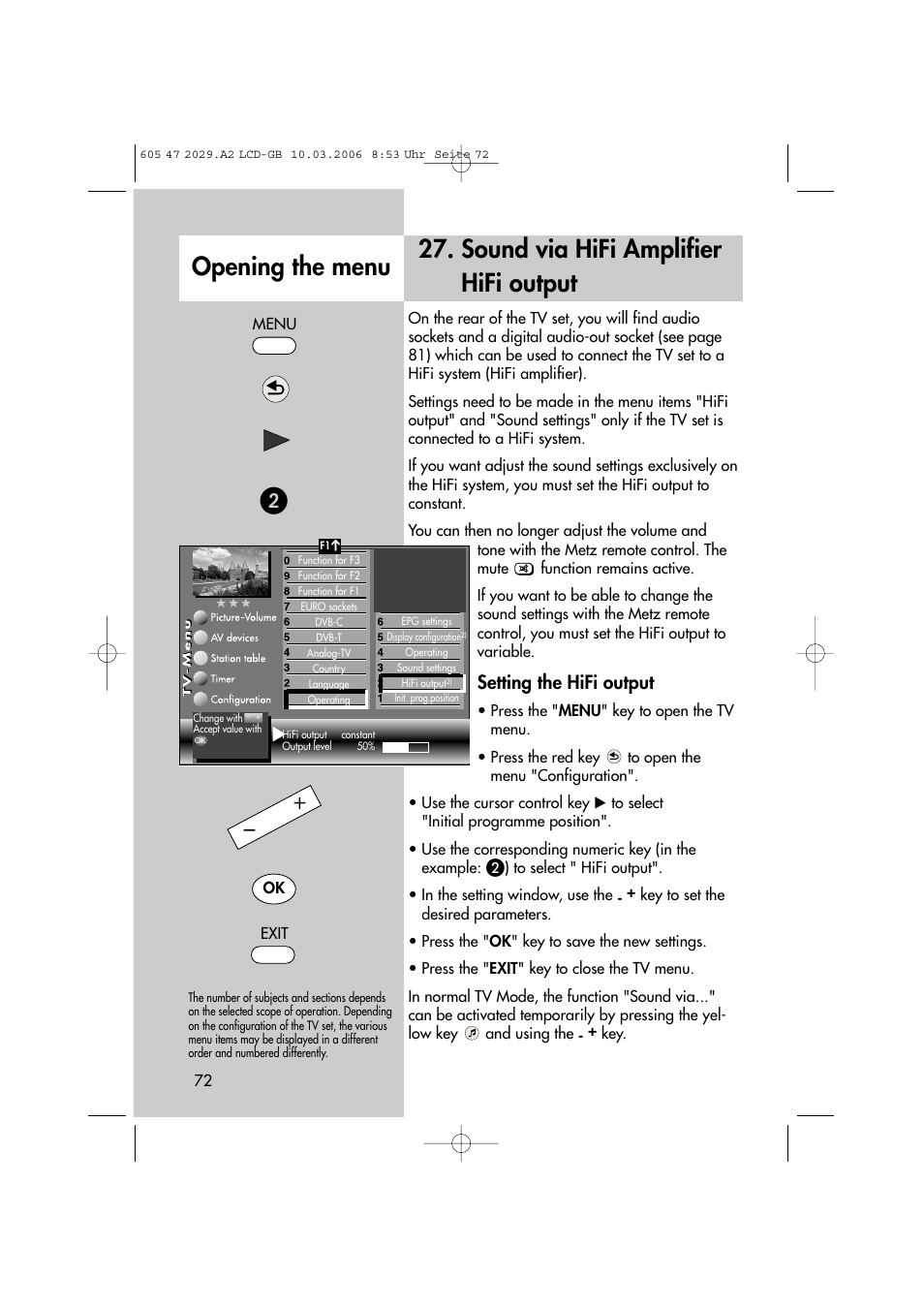 Sound via hifi amplifier hifi output, Opening the menu, Setting the hifi output | Metz Plasma-TV-Set User Manual | Page 72 / 110