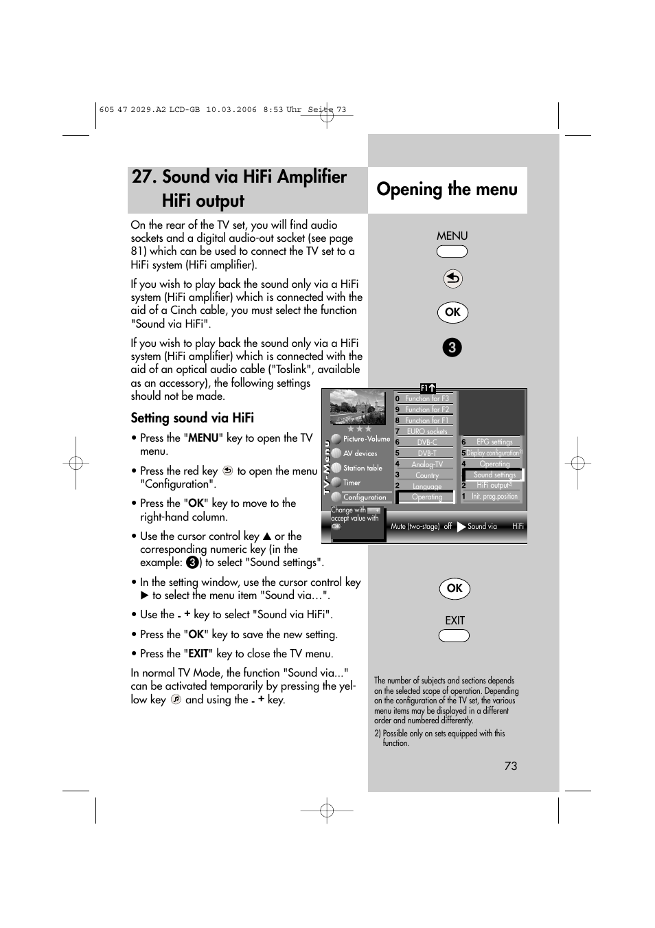 Setting sound via hifi | Metz Plasma-TV-Set User Manual | Page 73 / 110