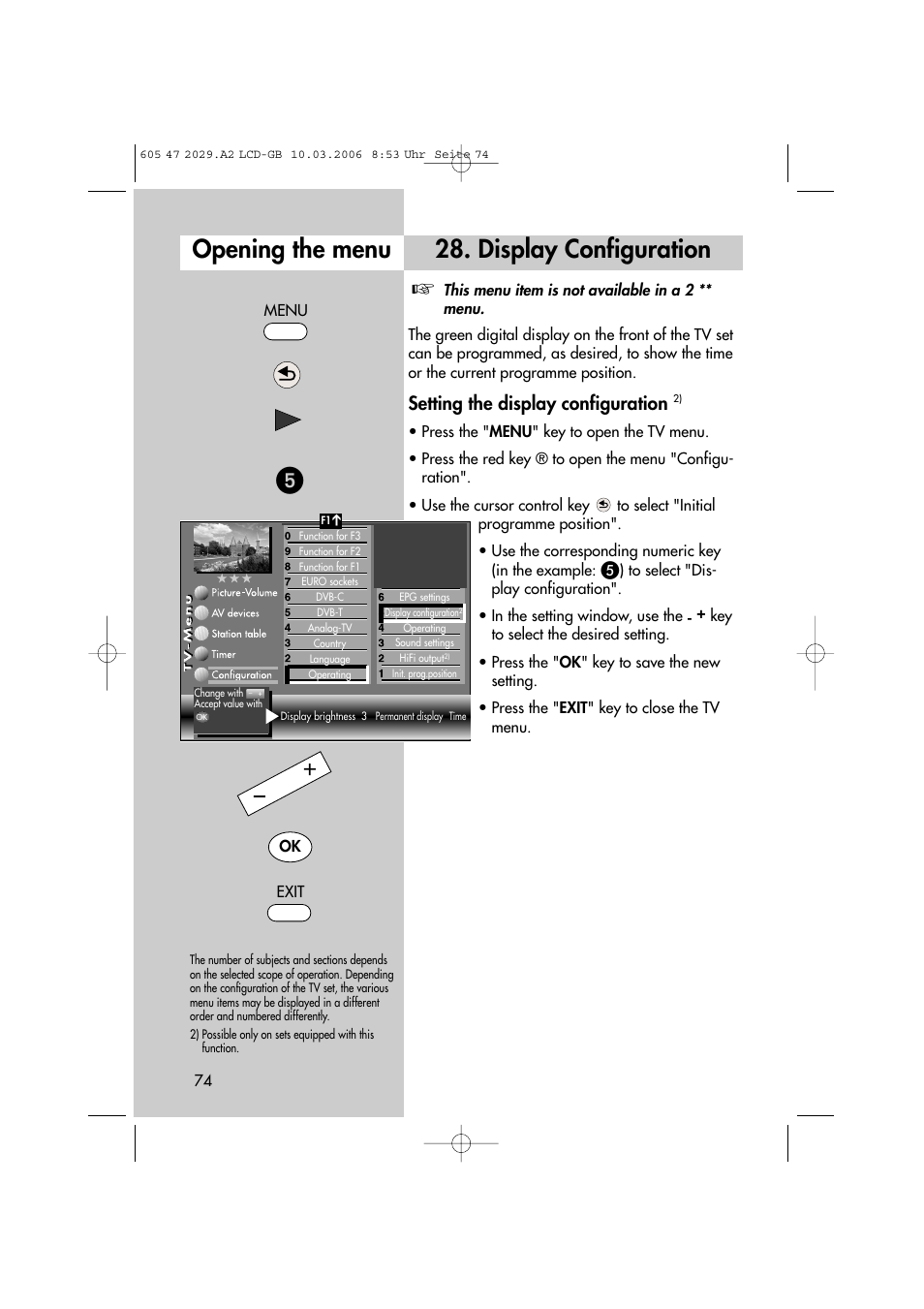 Opening the menu 28. display configuration, Setting the display configuration | Metz Plasma-TV-Set User Manual | Page 74 / 110