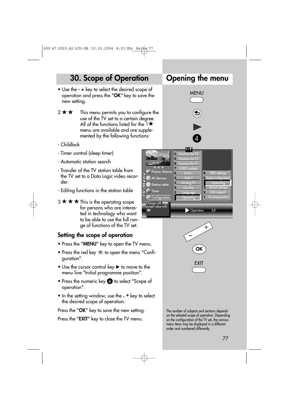 Scope of operation opening the menu, Setting the scope of operation | Metz Plasma-TV-Set User Manual | Page 77 / 110