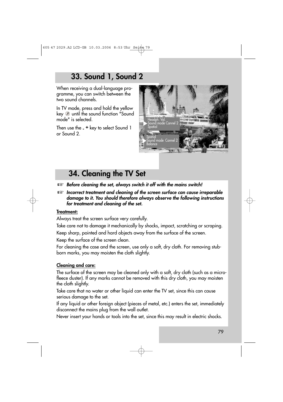 Cleaning the tv set 33. sound 1, sound 2 | Metz Plasma-TV-Set User Manual | Page 79 / 110