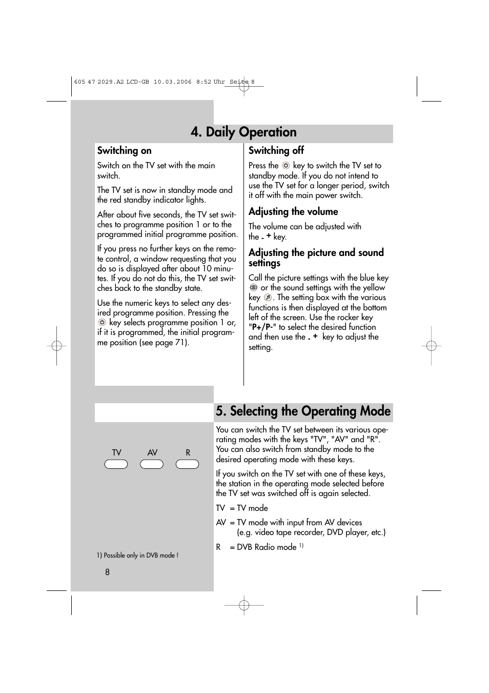 Daily operation, Selecting the operating mode | Metz Plasma-TV-Set User Manual | Page 8 / 110