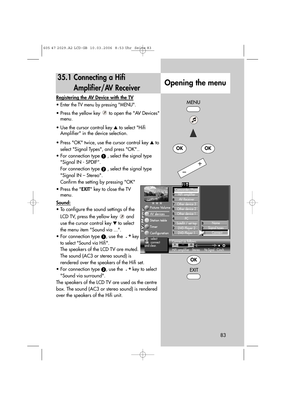 1 connecting a hifi amplifier/av receiver, Opening the menu | Metz Plasma-TV-Set User Manual | Page 83 / 110