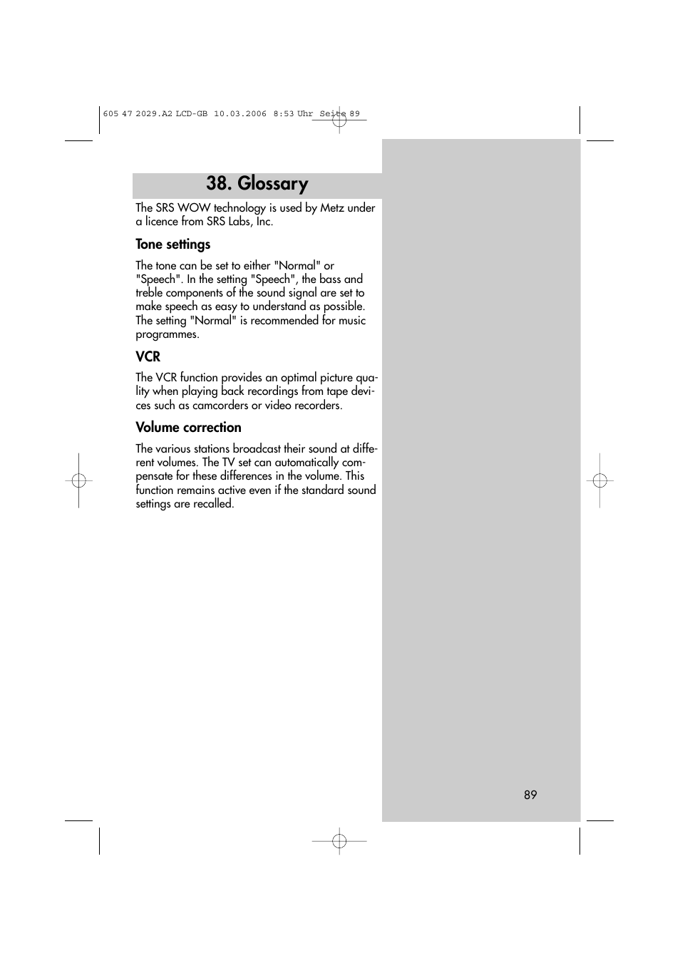 Glossary | Metz Plasma-TV-Set User Manual | Page 89 / 110