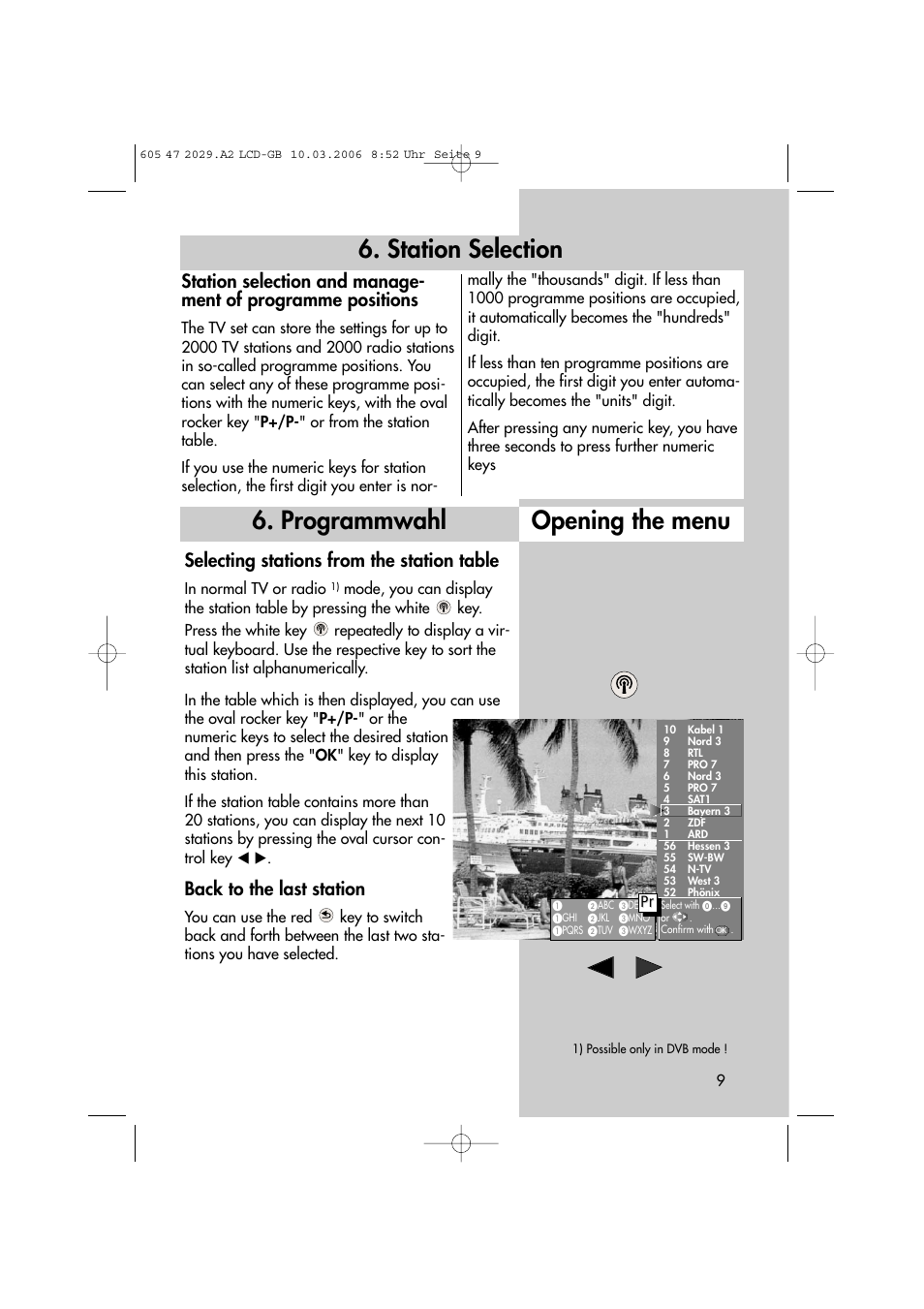 Station selection 6. programmwahl opening the menu, Selecting stations from the station table, Back to the last station | Metz Plasma-TV-Set User Manual | Page 9 / 110