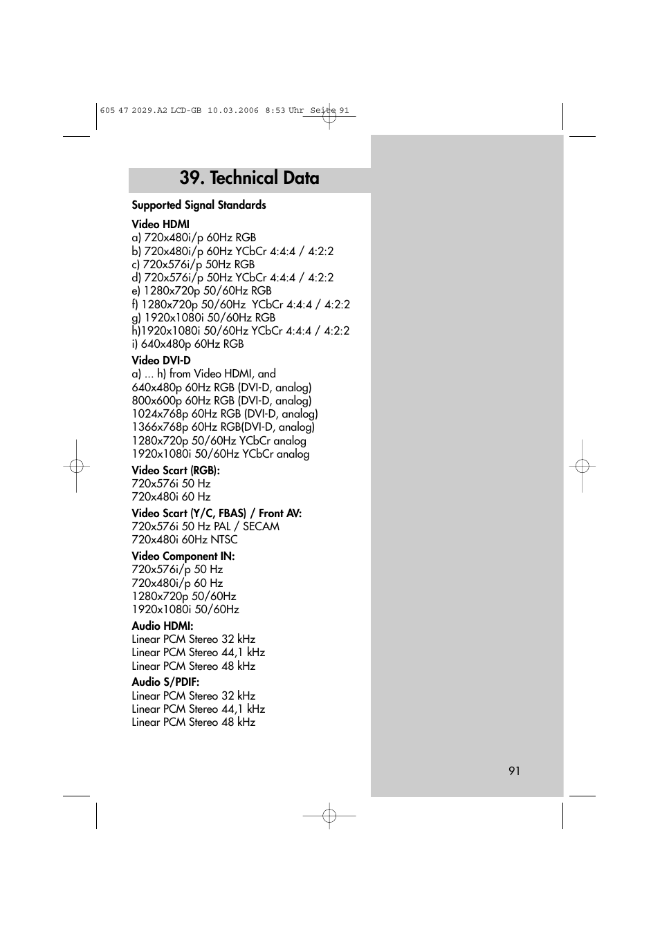Technical data | Metz Plasma-TV-Set User Manual | Page 91 / 110