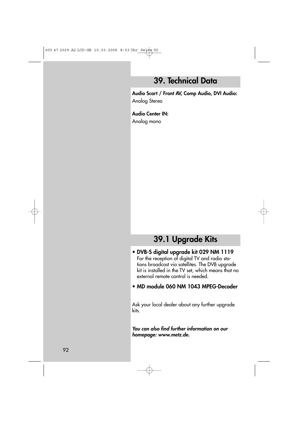 1 upgrade kits, Technical data | Metz Plasma-TV-Set User Manual | Page 92 / 110