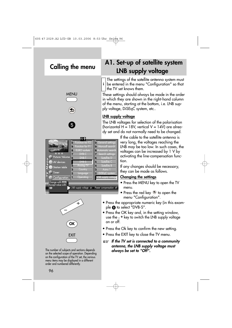Calling the menu, A1. set-up of satellite system lnb supply voltage | Metz Plasma-TV-Set User Manual | Page 96 / 110