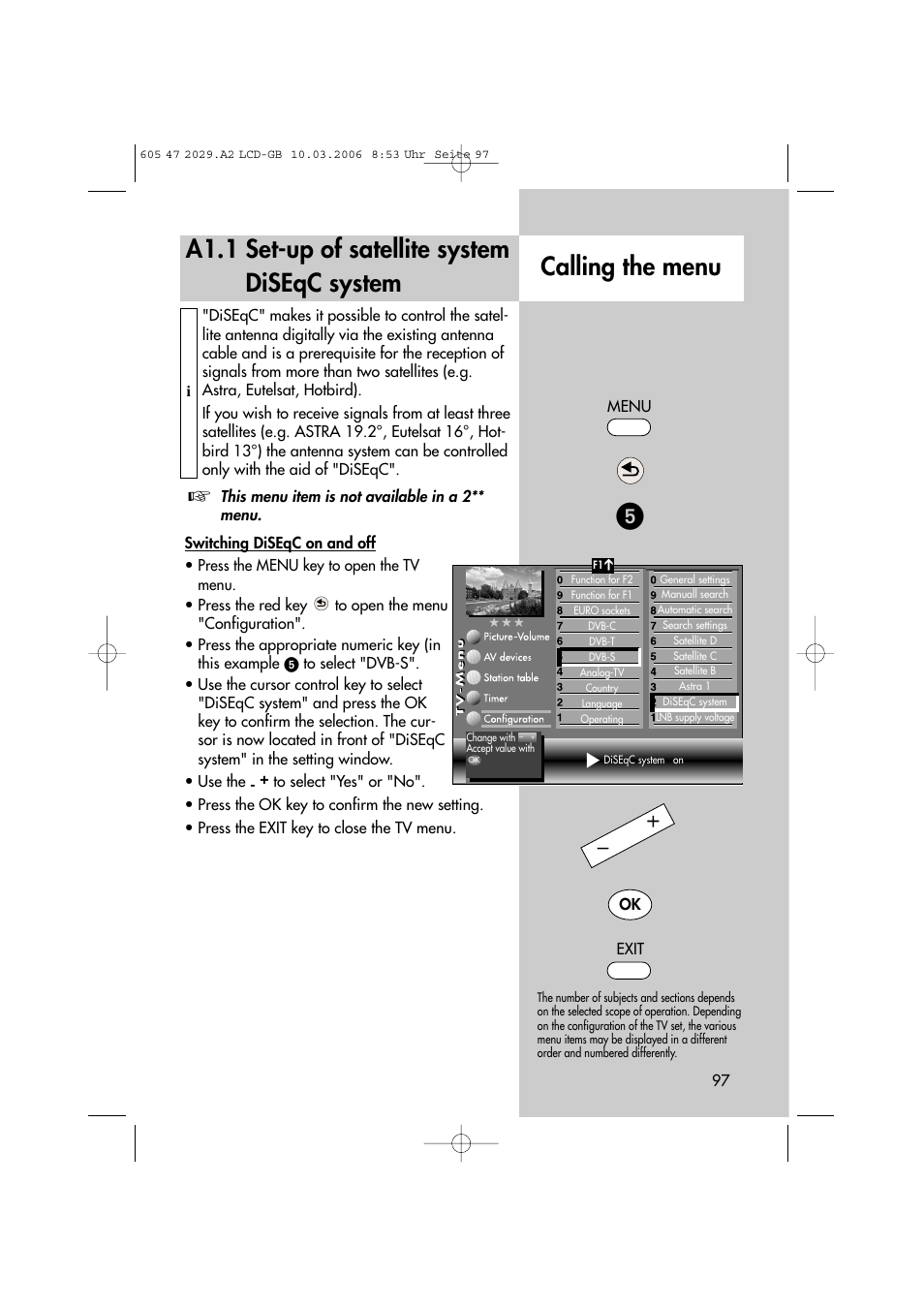 A1.1 set-up of satellite system diseqc system, Calling the menu | Metz Plasma-TV-Set User Manual | Page 97 / 110