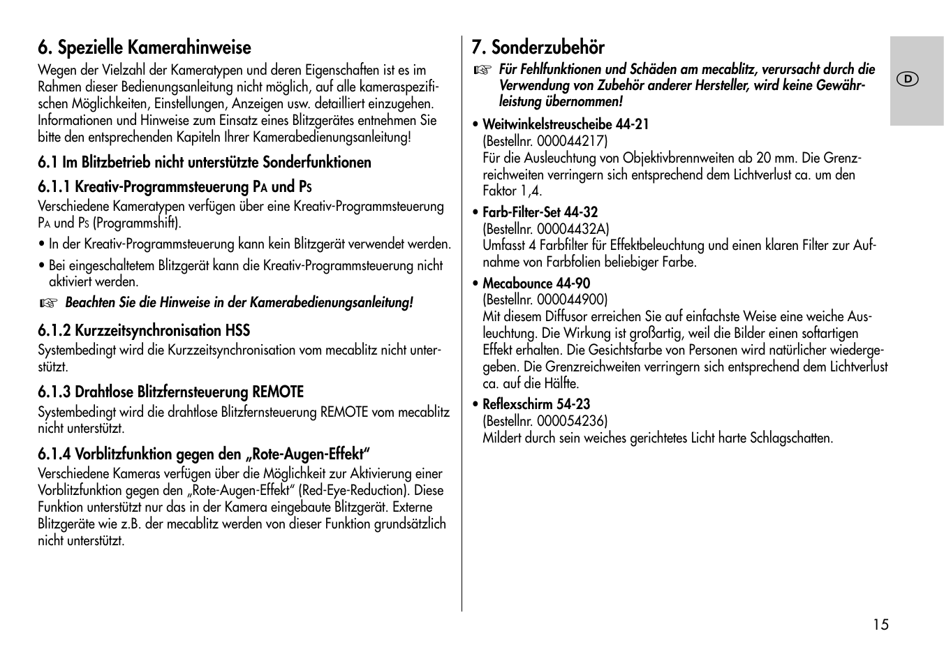 Spezielle kamerahinweise, Sonderzubehör | Metz Mecablitz 44 AF-3M User Manual | Page 15 / 108