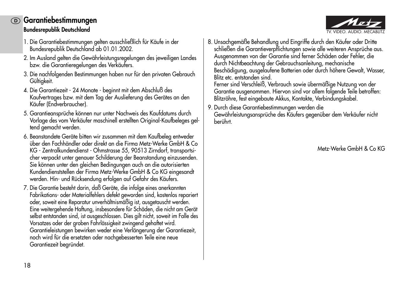 Garantiebestimmungen | Metz Mecablitz 44 AF-3M User Manual | Page 18 / 108