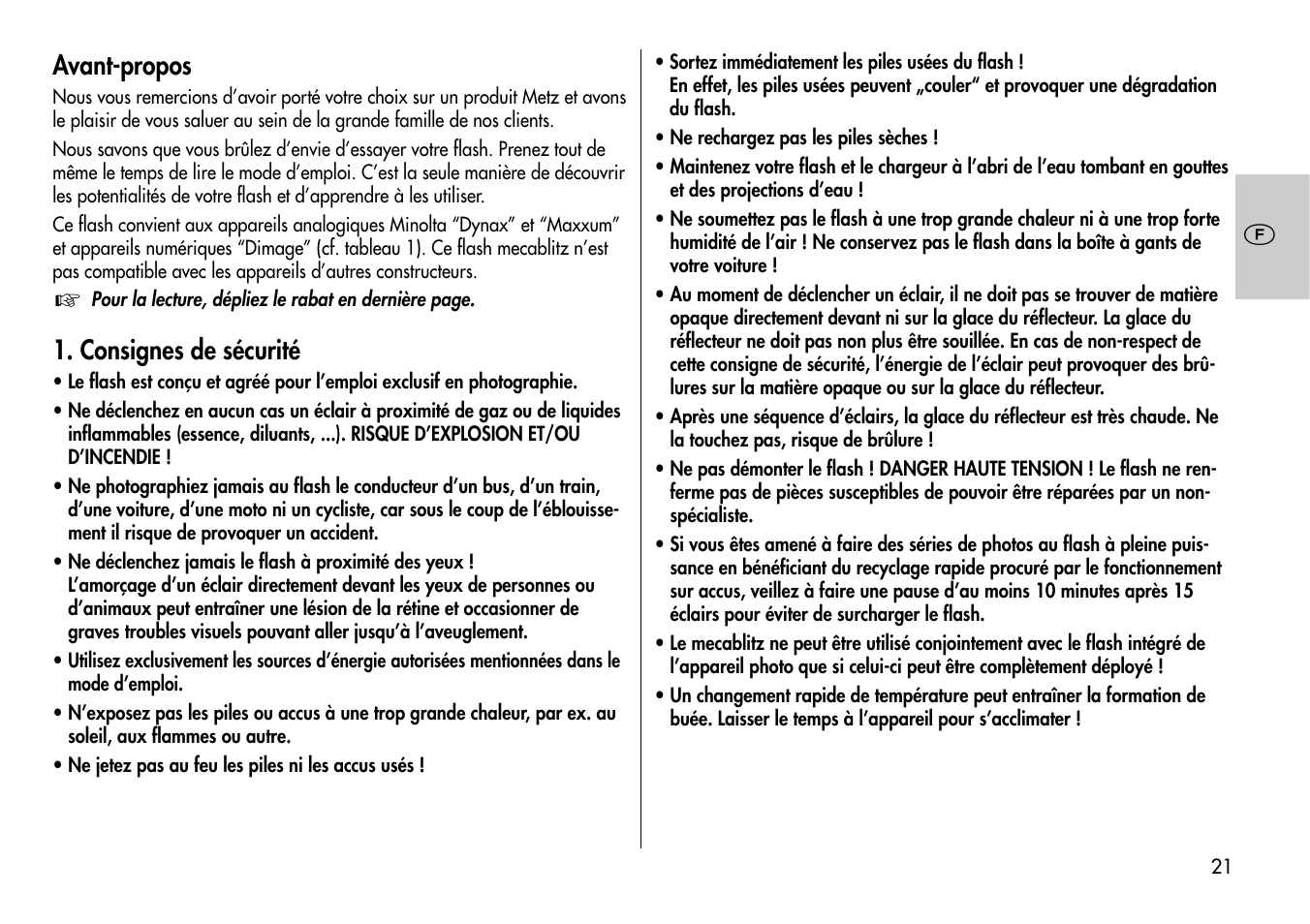 Avant-propos, Consignes de sécurité | Metz Mecablitz 44 AF-3M User Manual | Page 21 / 108