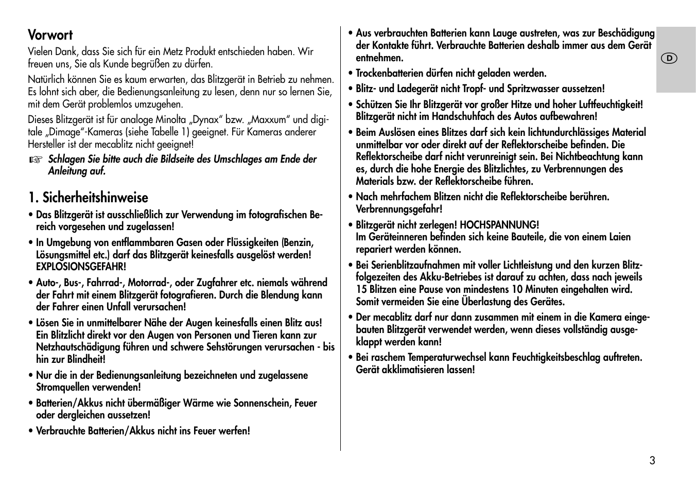 Vorwort, Sicherheitshinweise | Metz Mecablitz 44 AF-3M User Manual | Page 3 / 108