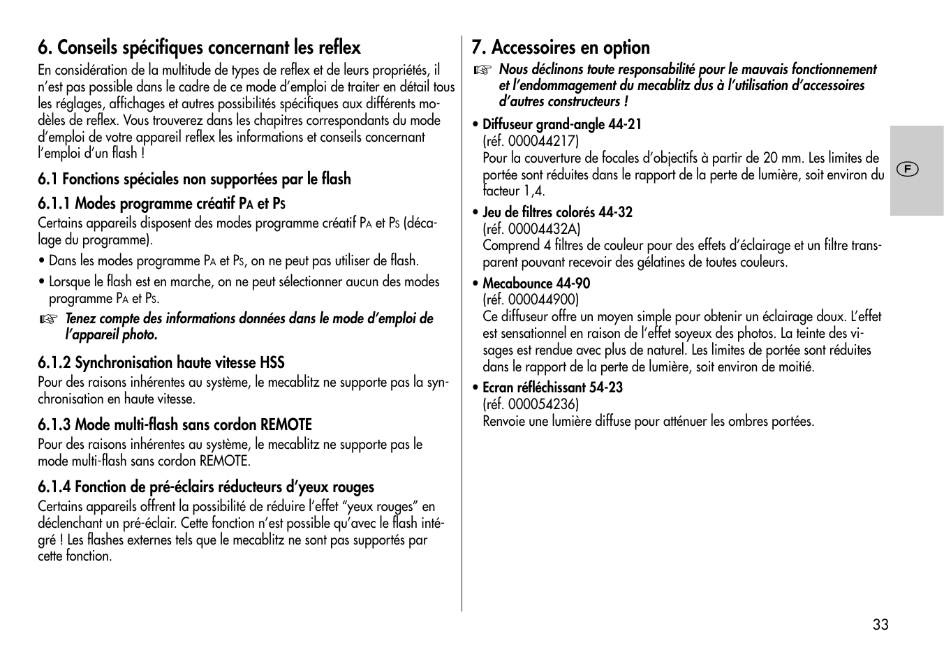 Conseils spécifiques concernant les reflex, Accessoires en option | Metz Mecablitz 44 AF-3M User Manual | Page 33 / 108