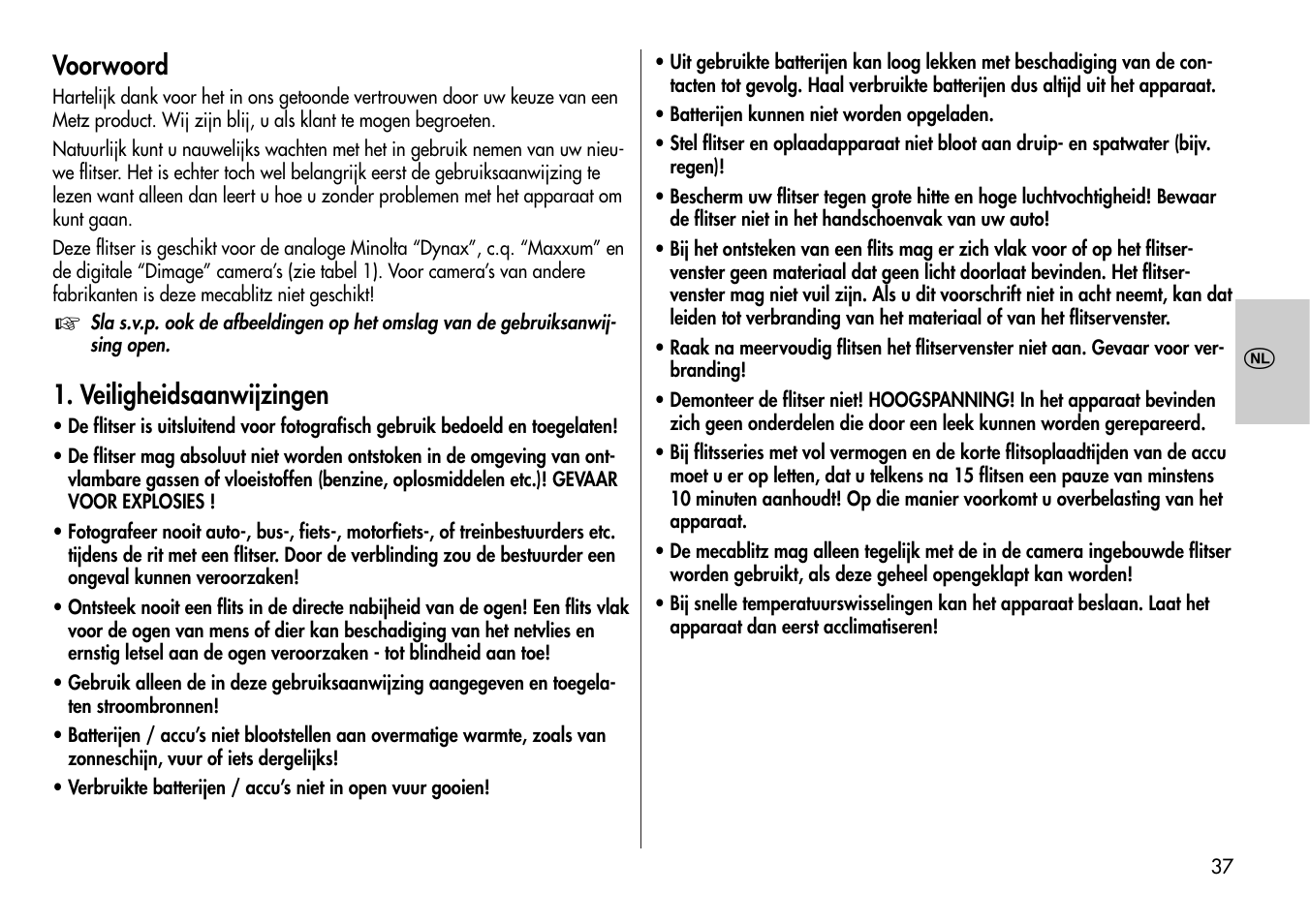 Voorwoord, Veiligheidsaanwijzingen | Metz Mecablitz 44 AF-3M User Manual | Page 37 / 108