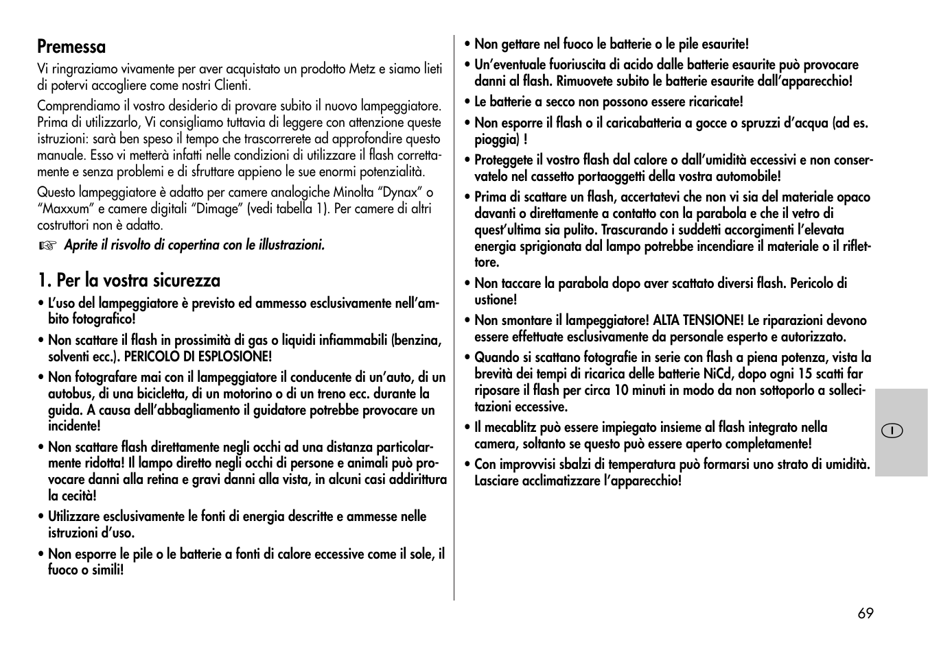 Premessa, Per la vostra sicurezza | Metz Mecablitz 44 AF-3M User Manual | Page 69 / 108