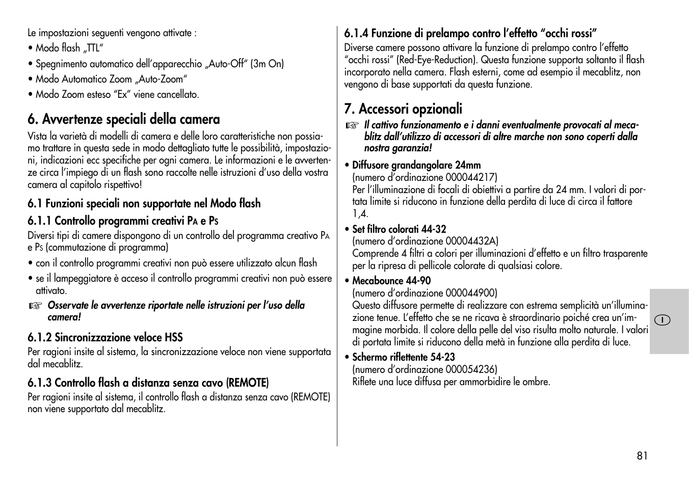 Avvertenze speciali della camera, Accessori opzionali | Metz Mecablitz 44 AF-3M User Manual | Page 81 / 108