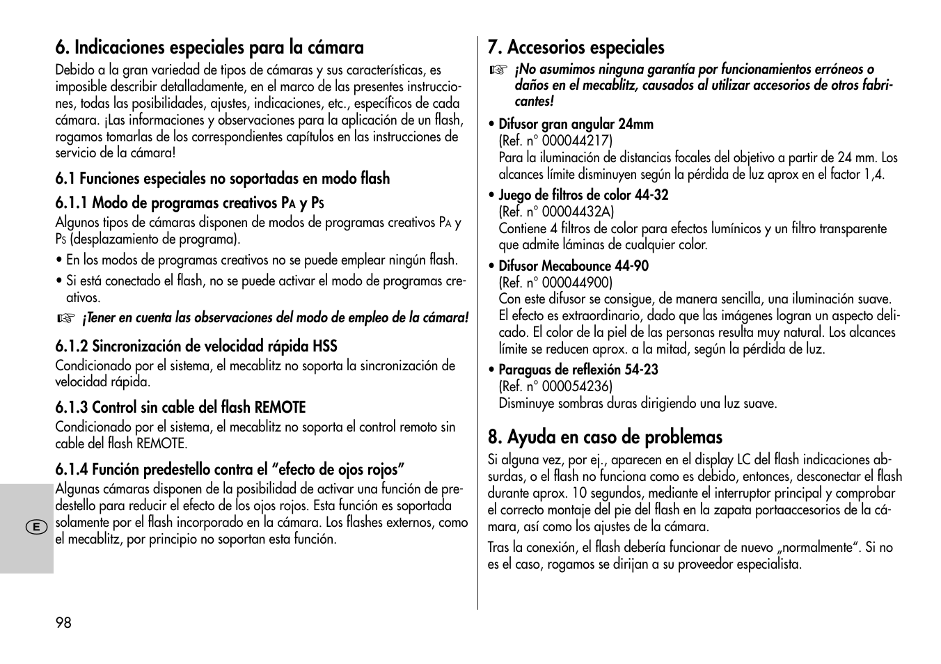 Indicaciones especiales para la cámara, Accesorios especiales, Ayuda en caso de problemas | Metz Mecablitz 44 AF-3M User Manual | Page 98 / 108