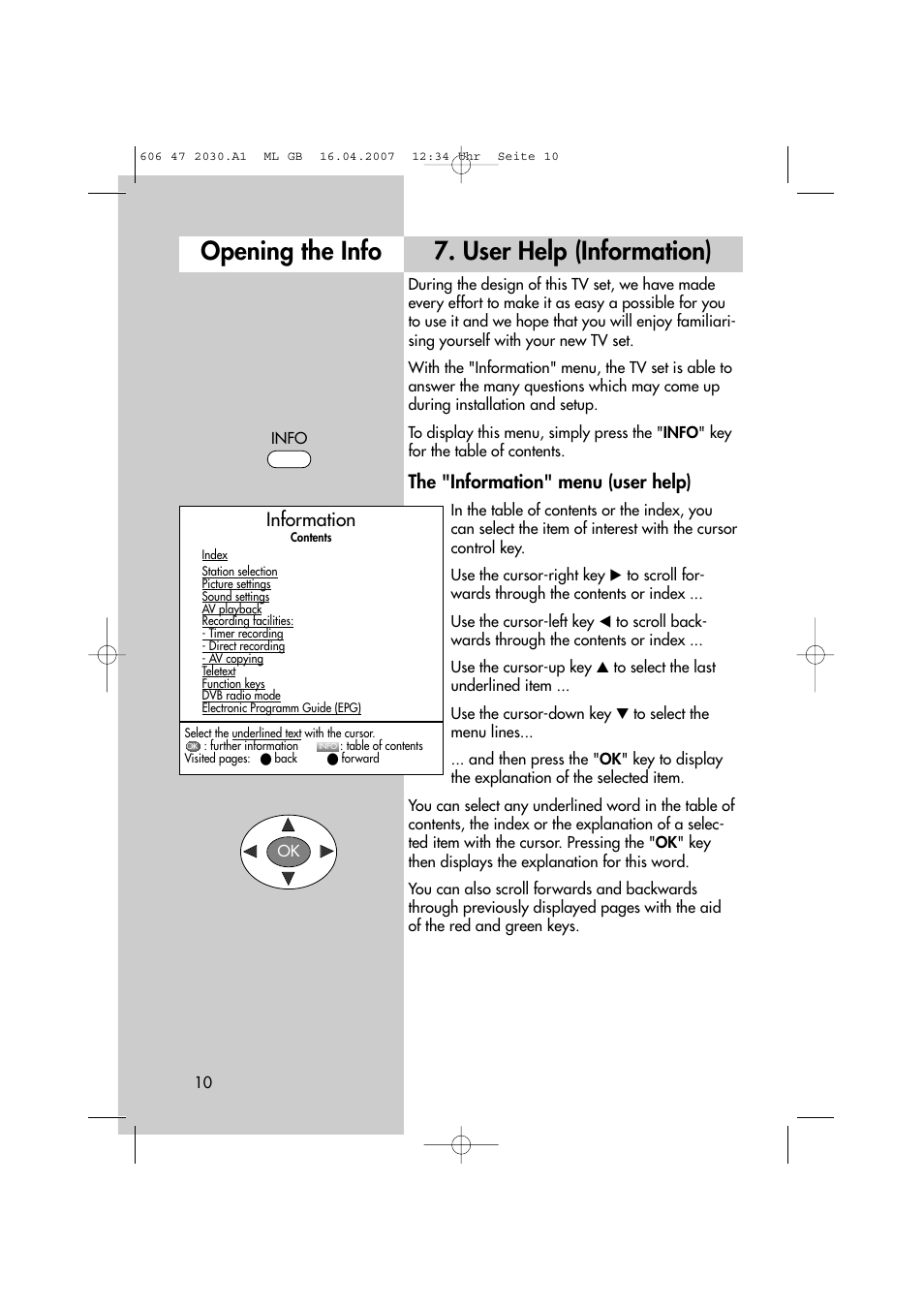 User help (information), Opening the info, The "information" menu (user help) | Information | Metz LCD-TV None User Manual | Page 10 / 116