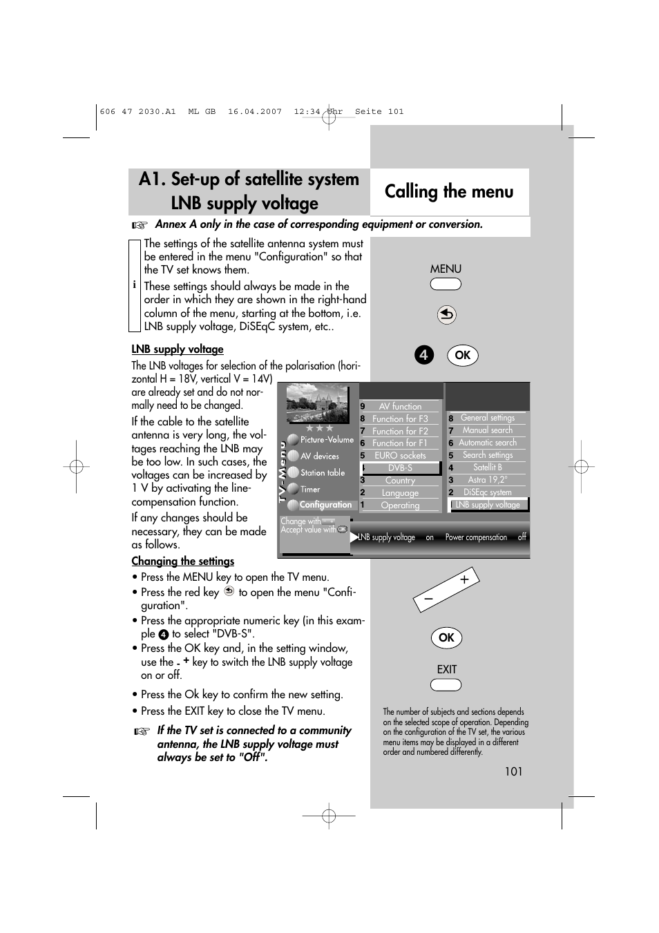 Calling the menu, A1. set-up of satellite system lnb supply voltage | Metz LCD-TV None User Manual | Page 101 / 116