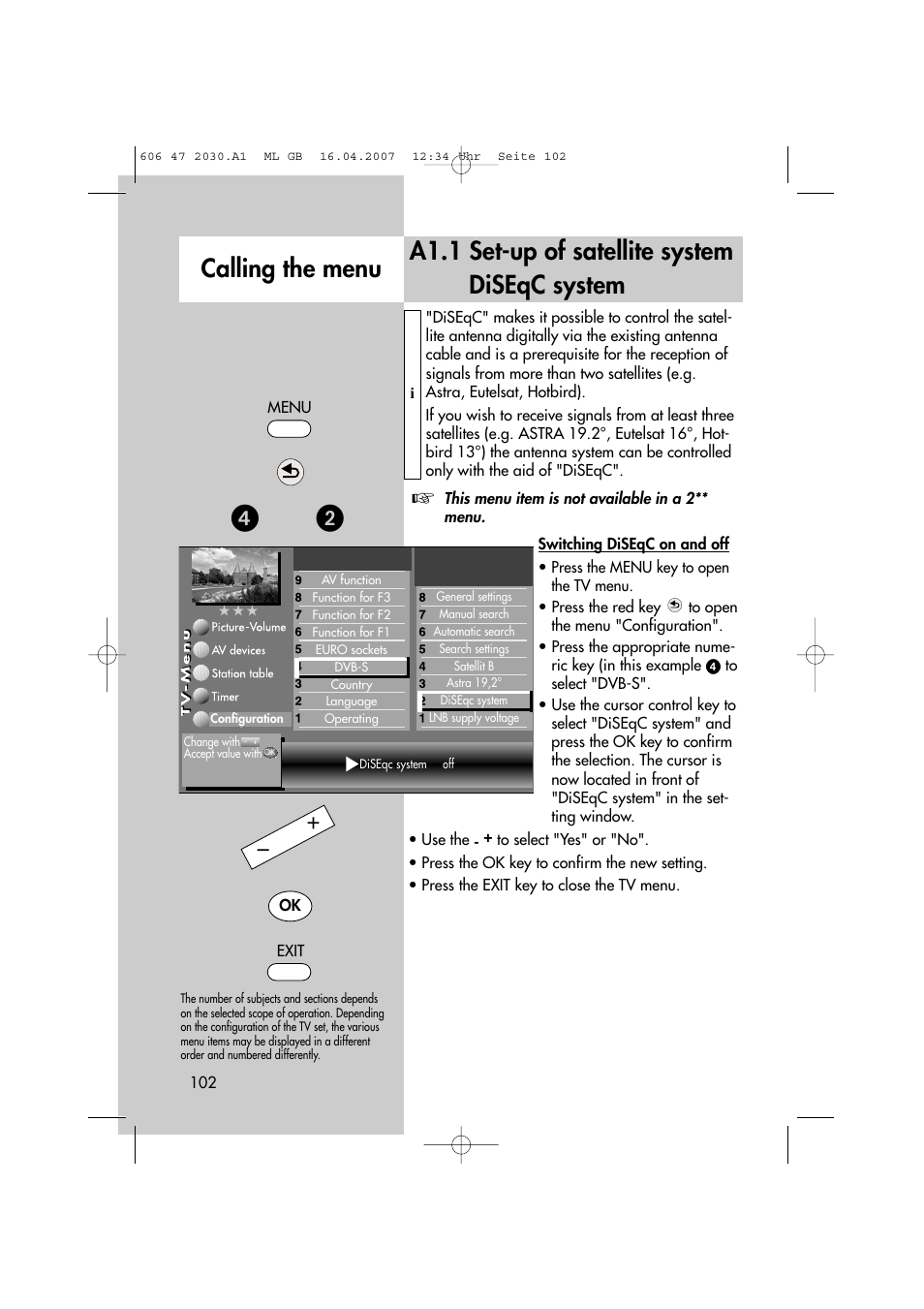 A1.1 set-up of satellite system diseqc system, Calling the menu | Metz LCD-TV None User Manual | Page 102 / 116