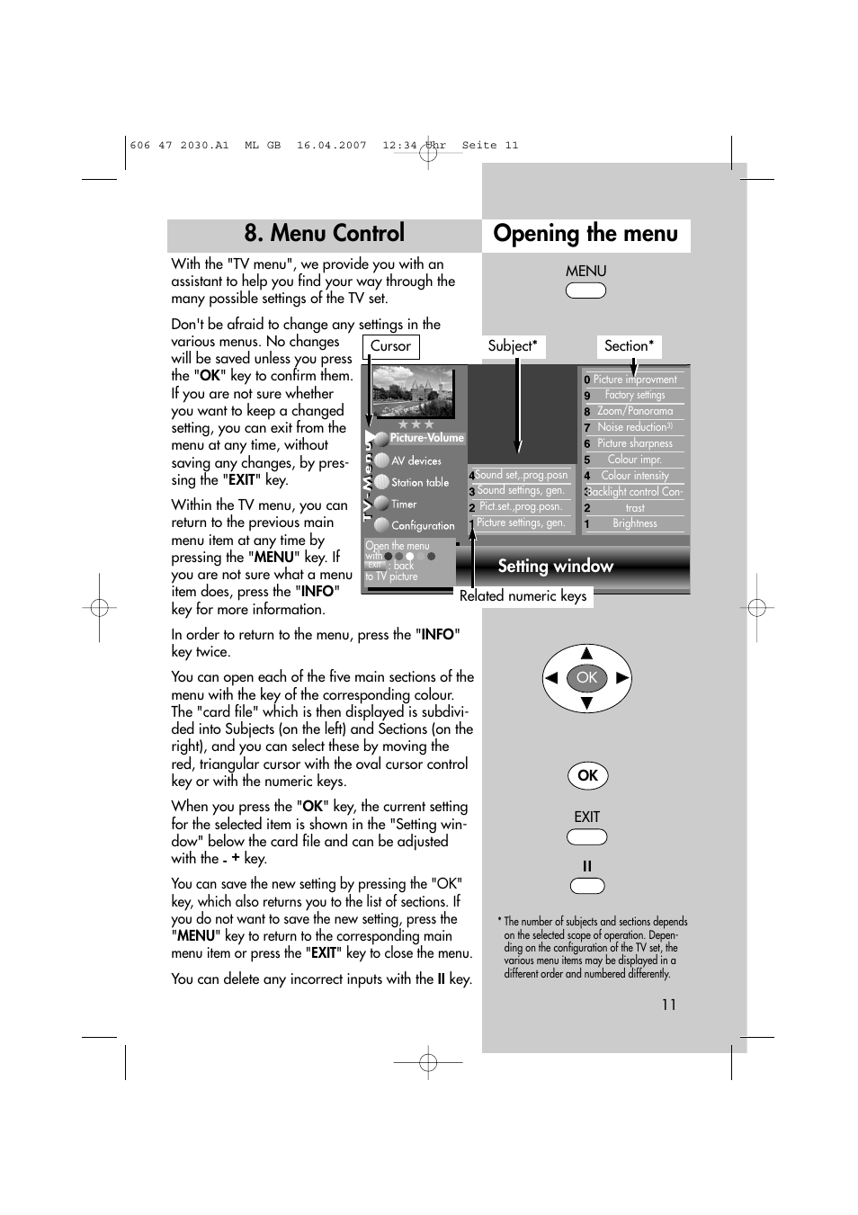 Menu control opening the menu, Setting window | Metz LCD-TV None User Manual | Page 11 / 116