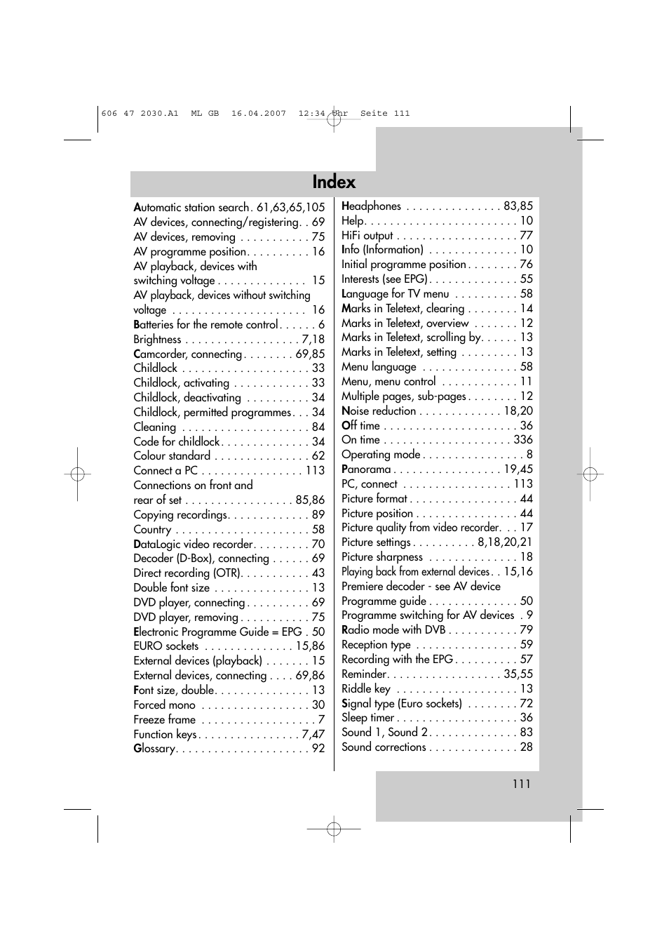 Index | Metz LCD-TV None User Manual | Page 111 / 116