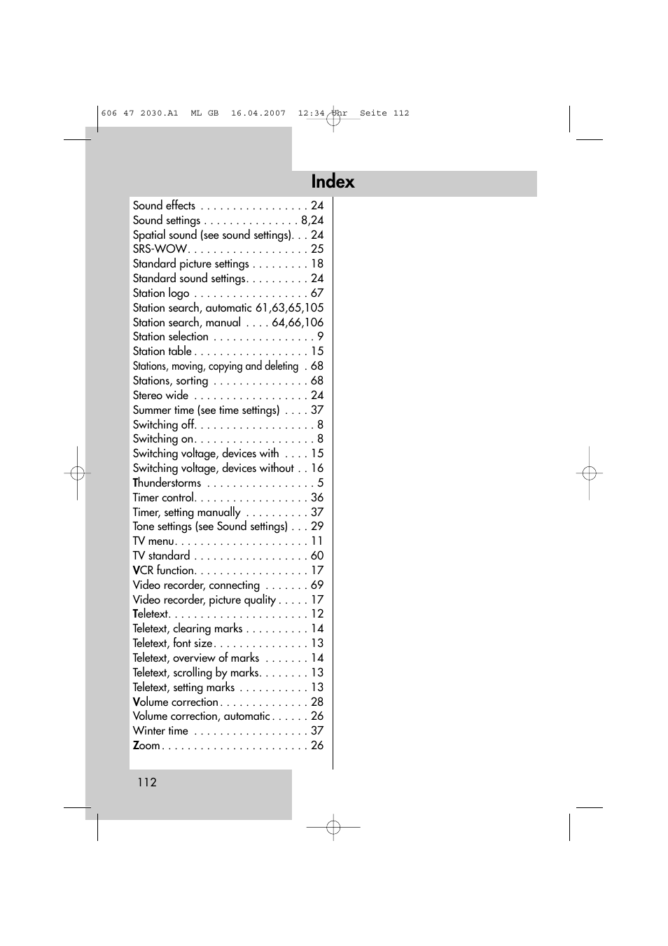 Index | Metz LCD-TV None User Manual | Page 112 / 116