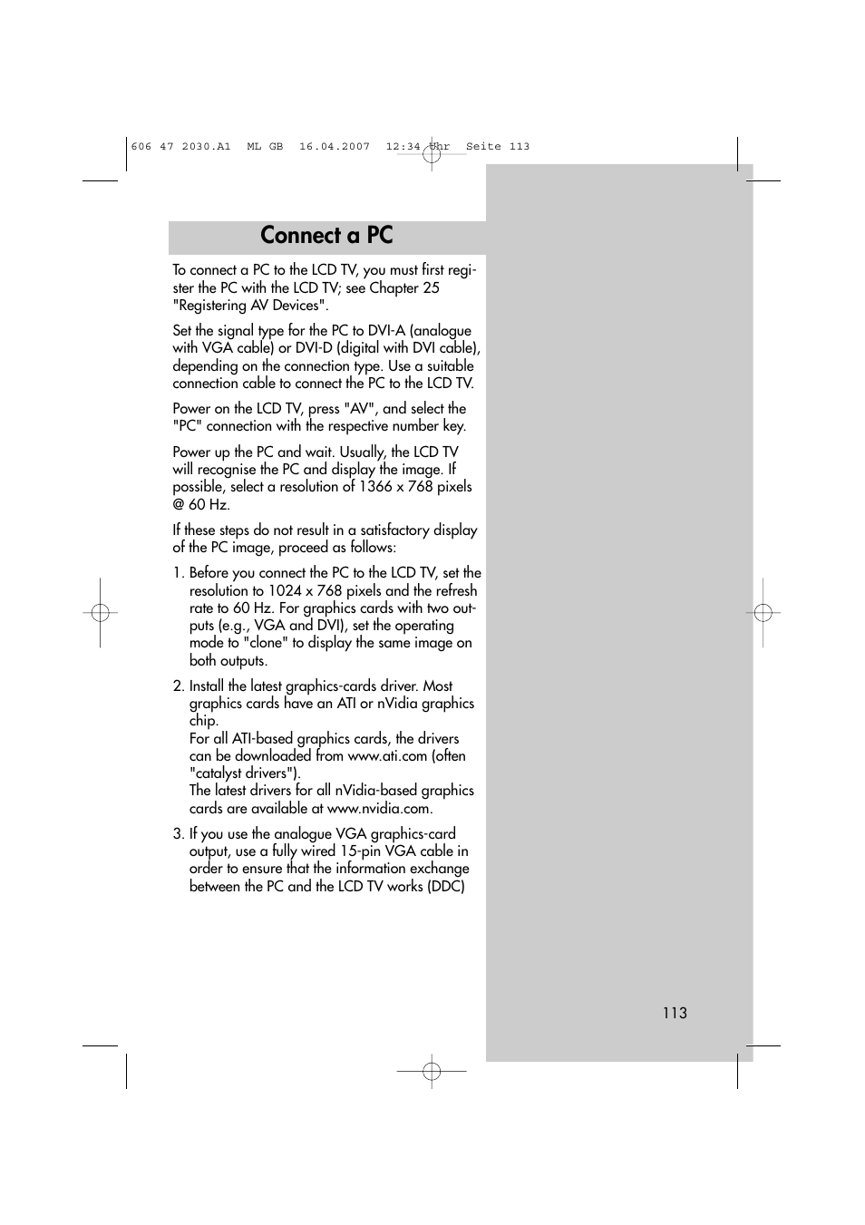 Connect a pc | Metz LCD-TV None User Manual | Page 113 / 116