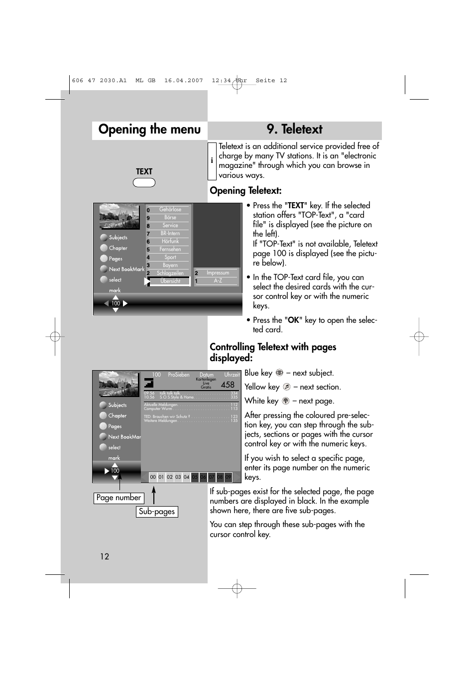 Teletext opening the menu, Opening teletext, Controlling teletext with pages displayed | Metz LCD-TV None User Manual | Page 12 / 116