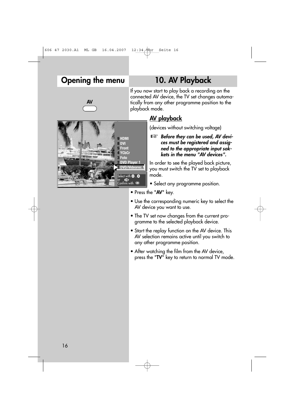 Av playback opening the menu, Av playback | Metz LCD-TV None User Manual | Page 16 / 116