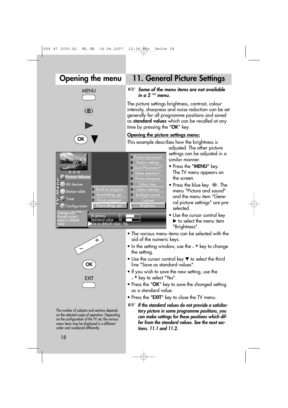 General picture settings, Opening the menu | Metz LCD-TV None User Manual | Page 18 / 116