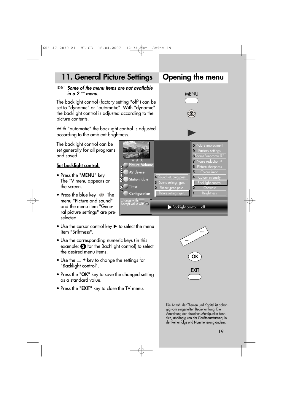 Opening the menu, General picture settings | Metz LCD-TV None User Manual | Page 19 / 116