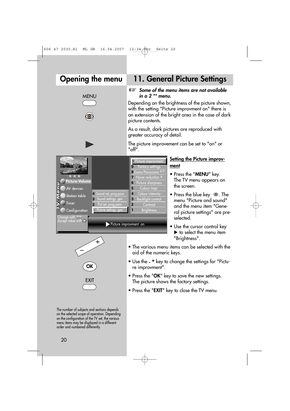 General picture settings, Opening the menu | Metz LCD-TV None User Manual | Page 20 / 116