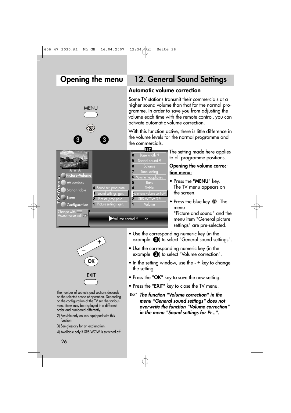 Opening the menu 12. general sound settings, Automatic volume correction | Metz LCD-TV None User Manual | Page 26 / 116