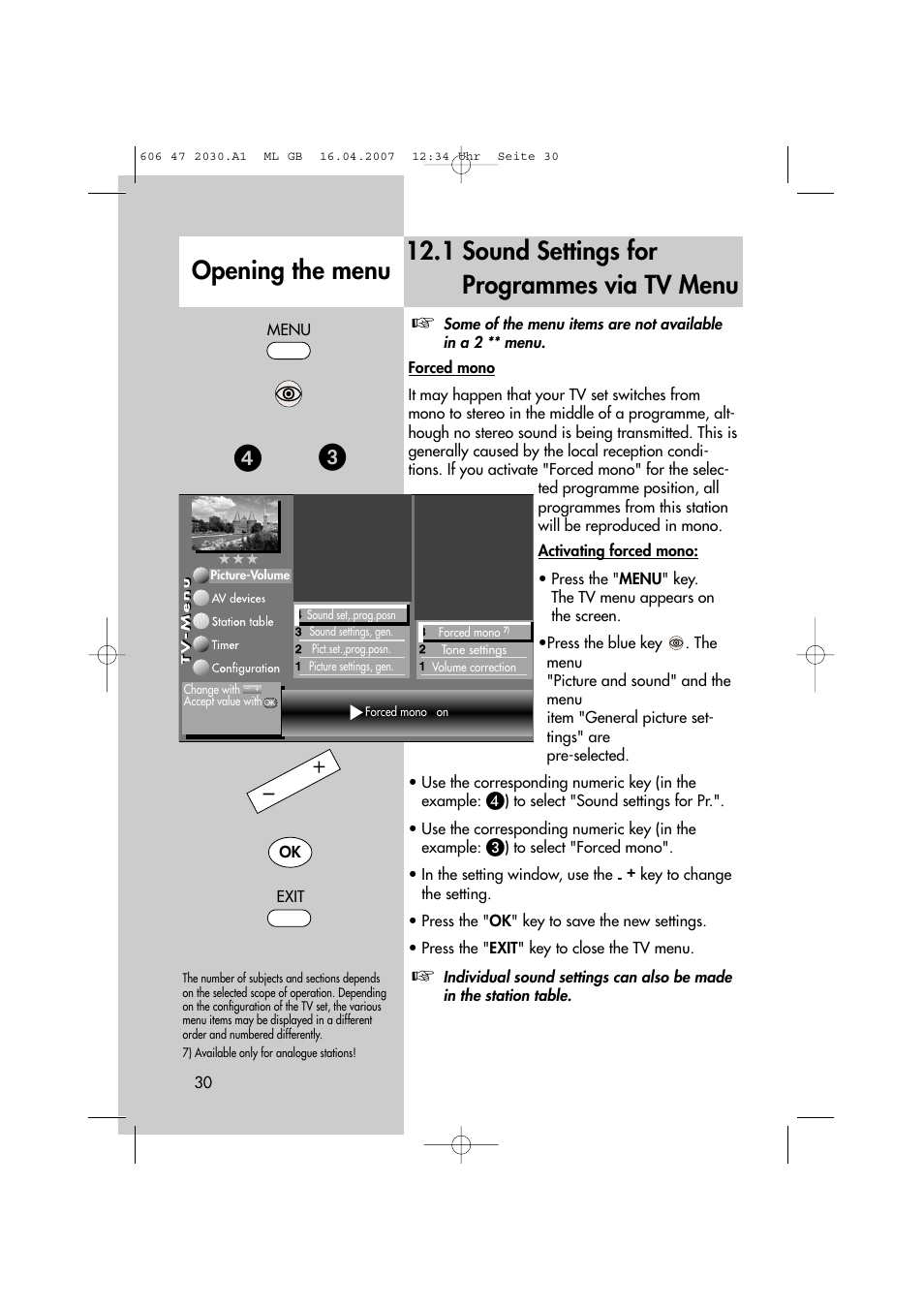 1 sound settings for programmes via tv menu, Opening the menu | Metz LCD-TV None User Manual | Page 30 / 116