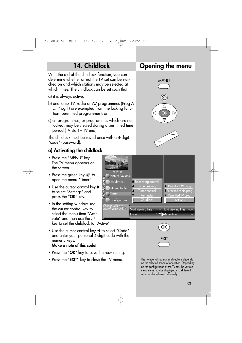 Opening the menu 14. childlock, A) activating the childlock | Metz LCD-TV None User Manual | Page 33 / 116