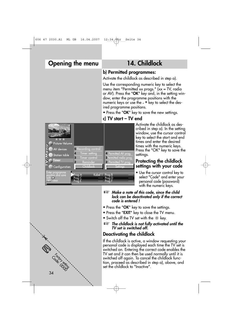 Opening the menu 14. childlock | Metz LCD-TV None User Manual | Page 34 / 116