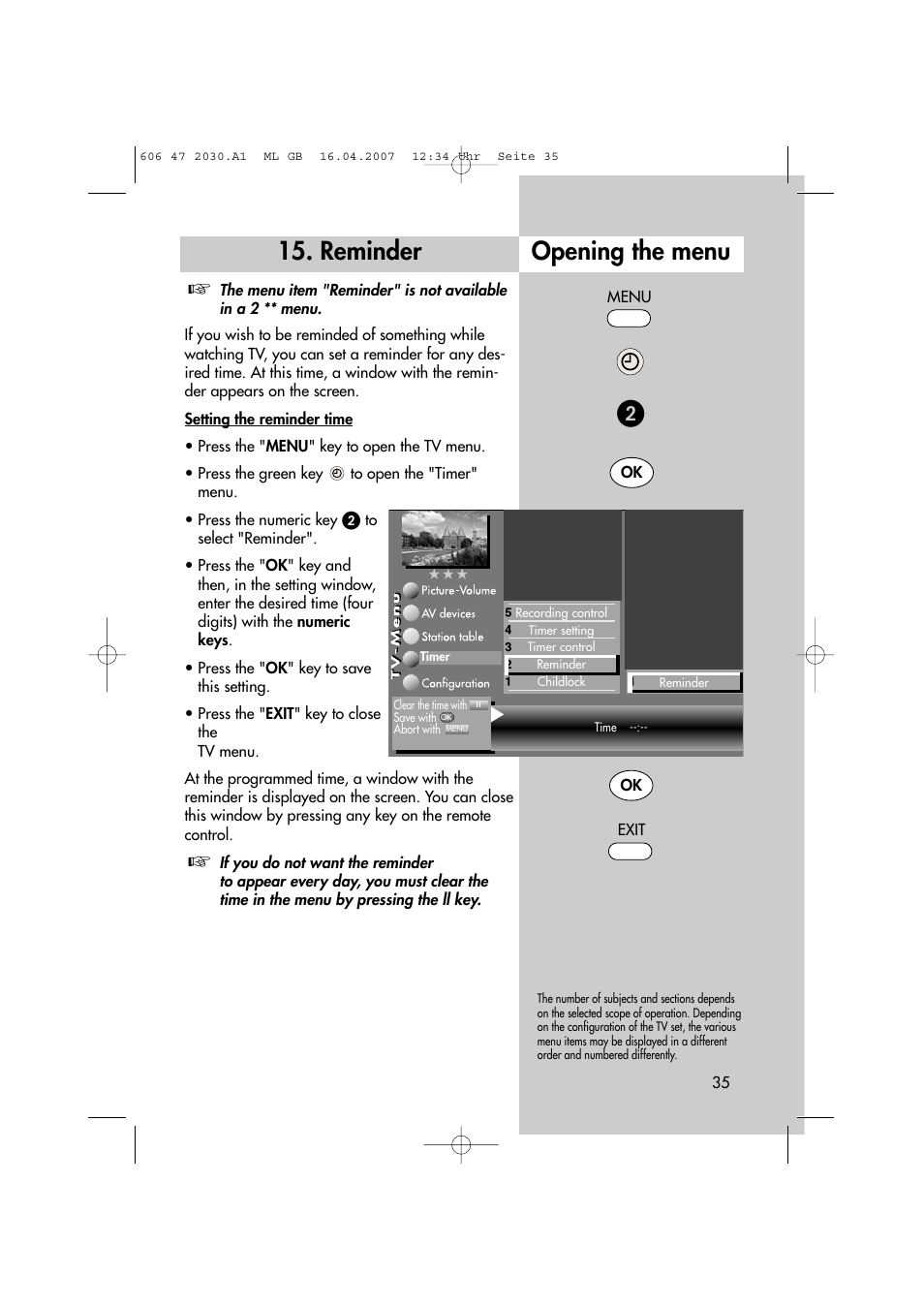 Opening the menu 15. reminder | Metz LCD-TV None User Manual | Page 35 / 116