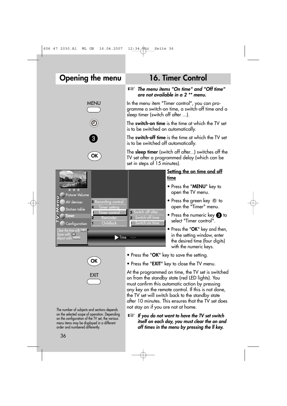 Timer control opening the menu | Metz LCD-TV None User Manual | Page 36 / 116