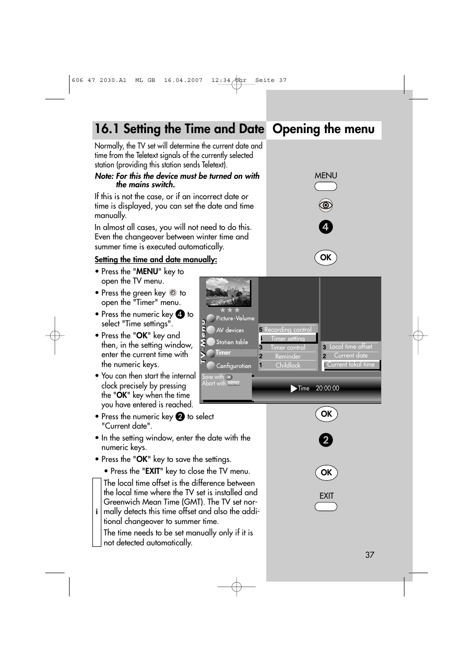 1 setting the time and date opening the menu | Metz LCD-TV None User Manual | Page 37 / 116