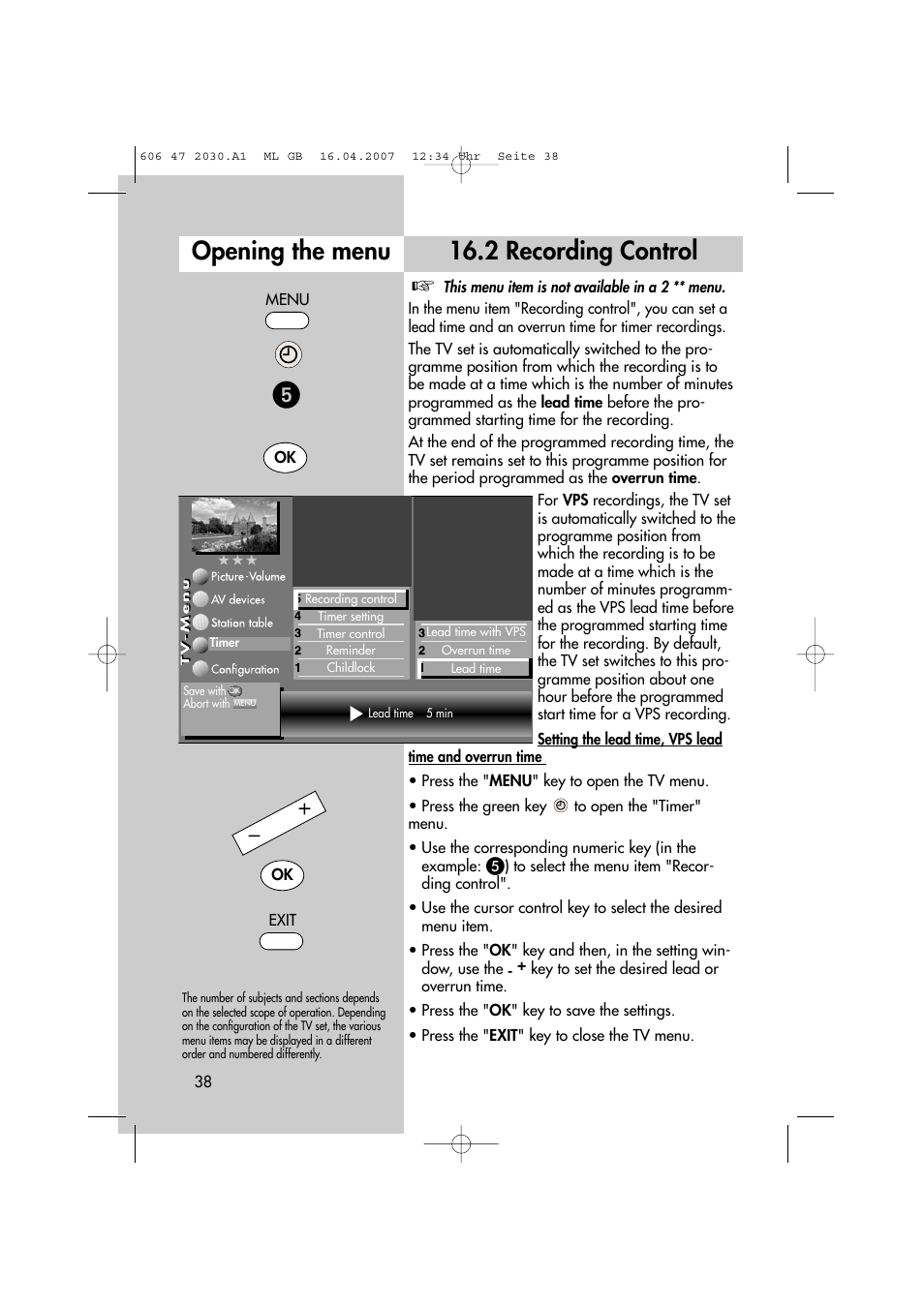 2 recording control opening the menu | Metz LCD-TV None User Manual | Page 38 / 116