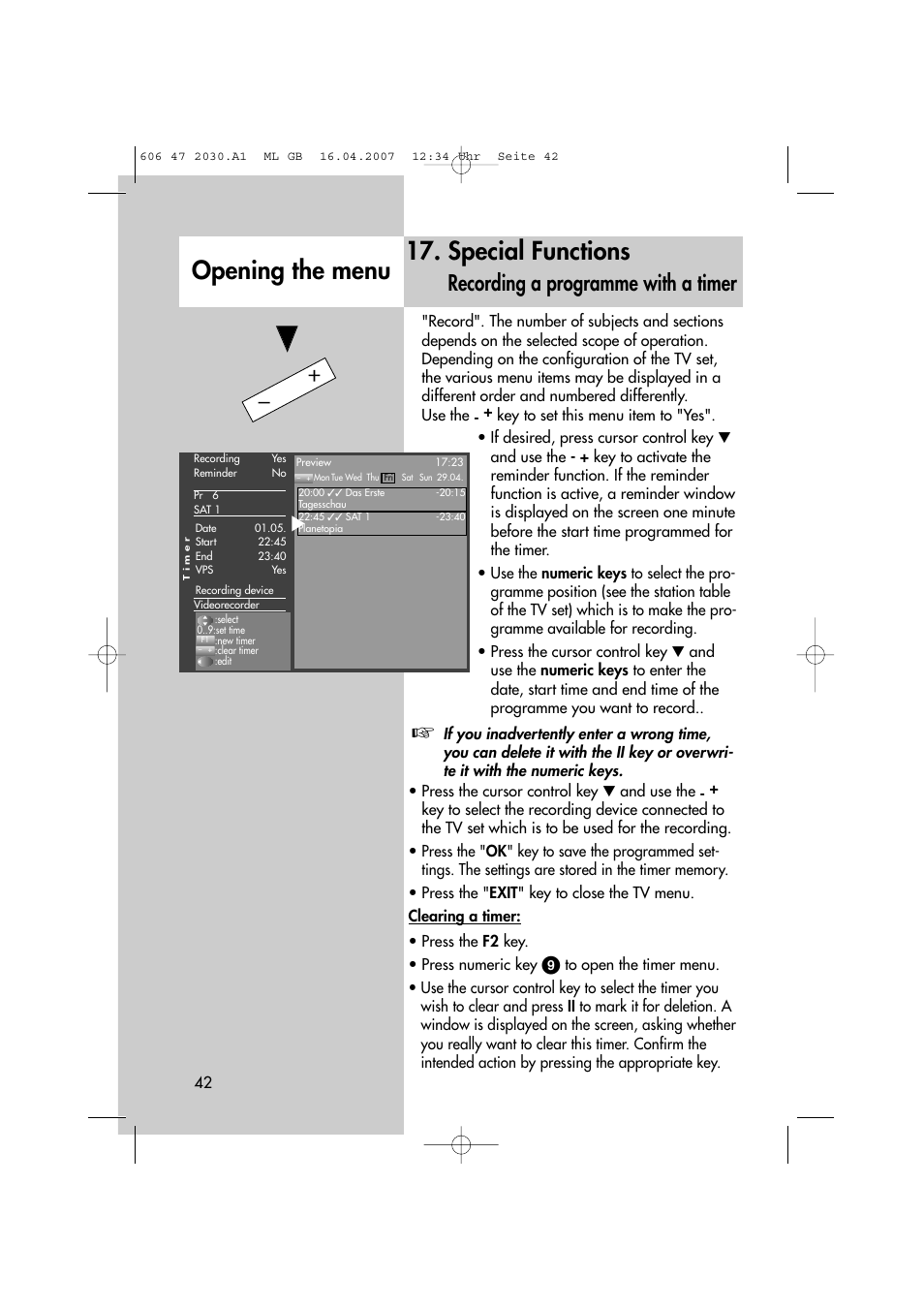 Special functions, Opening the menu, Recording a programme with a timer | Metz LCD-TV None User Manual | Page 42 / 116