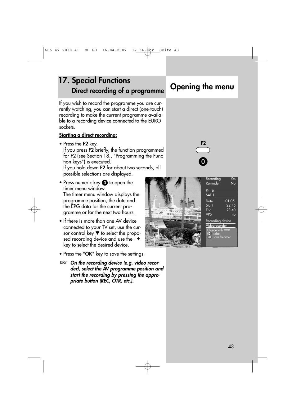 Special functions, Opening the menu, Direct recording of a programme | Metz LCD-TV None User Manual | Page 43 / 116