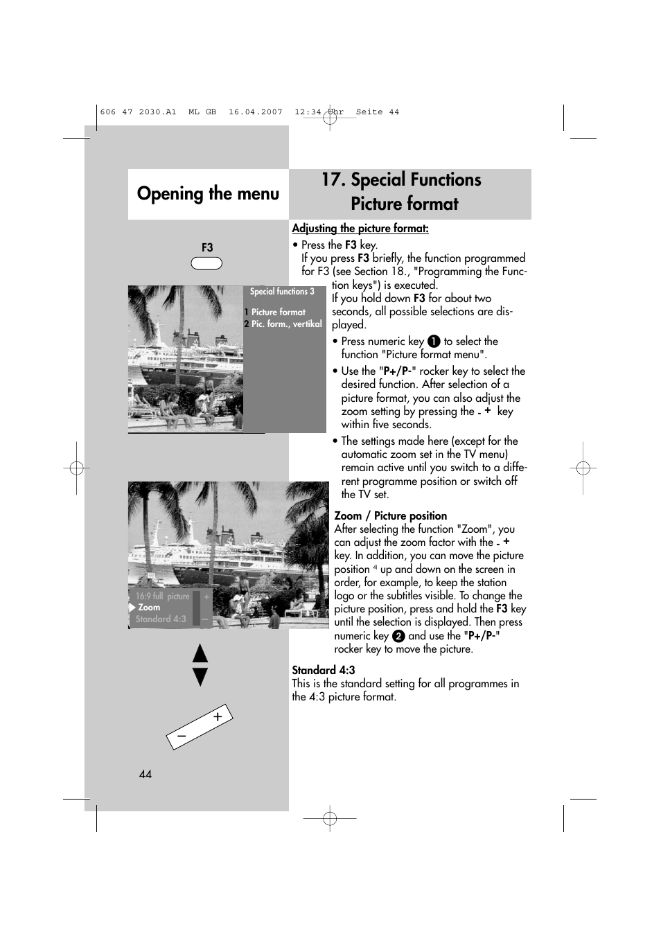 Special functions picture format opening the menu | Metz LCD-TV None User Manual | Page 44 / 116